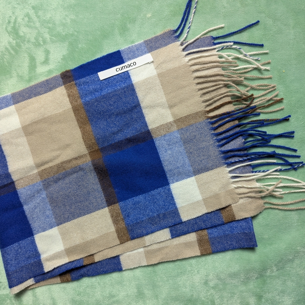 100% Cashmere Cumaco Blue Brown Checkered Scarf - Picture 2 of 5